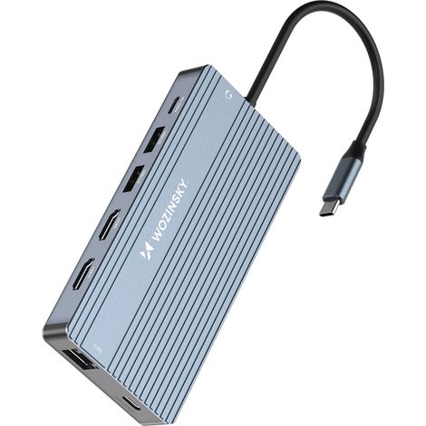 Hub 14 en 1 pour 3 écrans : USB-A, USB-C, DisplayPort, HDMI, RJ45, lecteur de cartes SD/TF, mini-jack – gris (1/5)