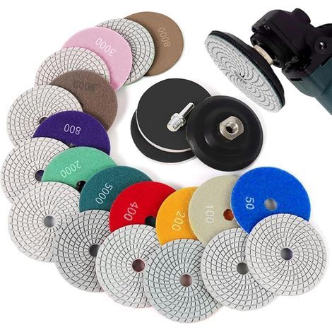14 Pcs Disques de Polissage Diamantés: Disque Ponçage Carrelage Humides/Secs de 100 mm Kit de Polissage de Marbre avec Support en Caoutchouc M14 pour Béton Granit Pierre Marbre (50 - 8000) (1/5)