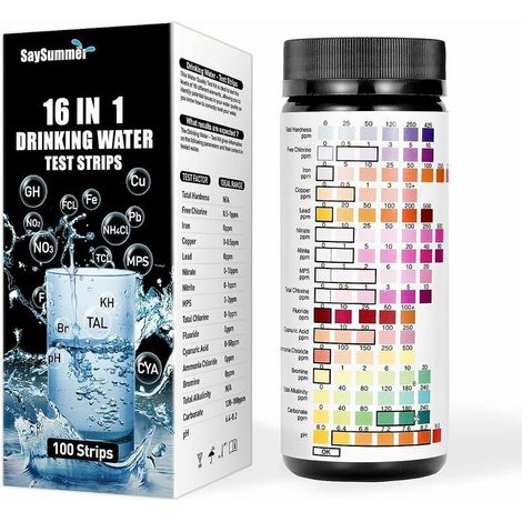 16 in 1 Water Tester, Water Hardness, 100 Tap Water Test Strips, Water Test Kit for Lead, pH, Copper, Iron, Nitrate, Chlorine and More (1/5)