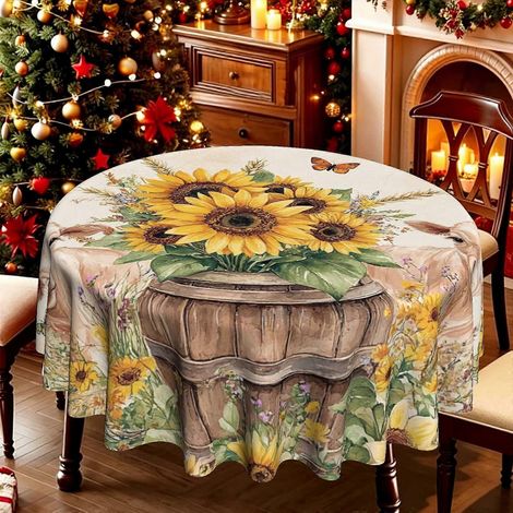 Nappe ronde imprimée tournesol et tonneau en bois (1 pièce), nappe de table à thème garden-party, nappe résistante pour brunchs et petites réceptions. (1/4)