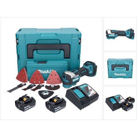 Makita DTM 52 RTJX4 Akku Multifunktionswerkzeug 18 V Starlock Max Brushless + 2x Akku 5,0 Ah + Ladegerät + Zubehör Set + Makpac