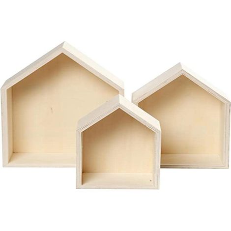 3 pièces Boîte en bois, étagère Box Forme Maison, étagère murale Décoration Murale, bois unbeh.