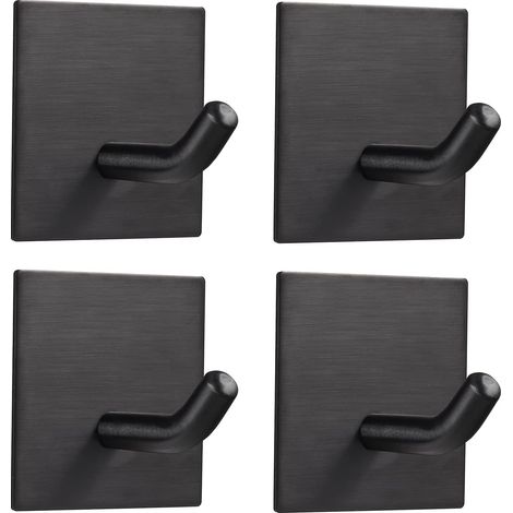 Lot de 4 crochets adhésifs robustes en acier inoxydable pour cuisine, salle de bain, porte de maison, serviette, manteau, peignoir, lot de 4 (Noir)