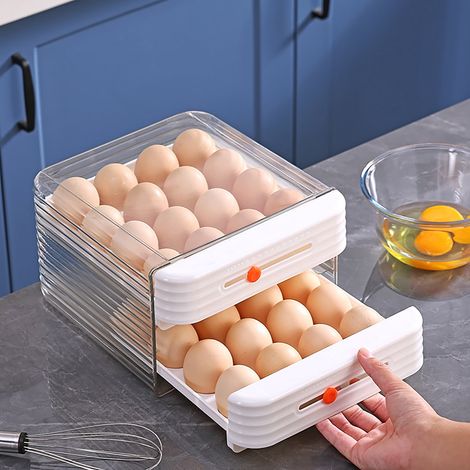 Support À Oeufs - Rangement Réfrigérateur 2 Niveaux Empilable - 32 Logements - Glissière De Date - Blanc - 1 Pièce (1/5)