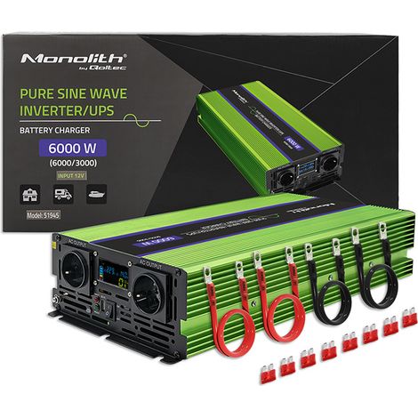 Qoltec Monolith Spannungswandler Batterieladung USV 3000 W 6000 W 12 V auf 230 V Reiner Sinus LCD (1/5)