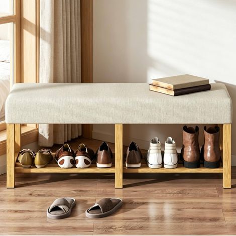 Mobile porta scarpe con panca, vano aperto 120 x 44 x 48 cm, beige e legno naturale HAVRYA (1/5)