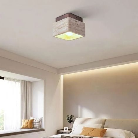 Plafonnier Vintage Carré, Lustre Abat-jour Travertin Jaune Naturel E27 Lampe de Plafond Noyer Industriel,1212cm (1/5)