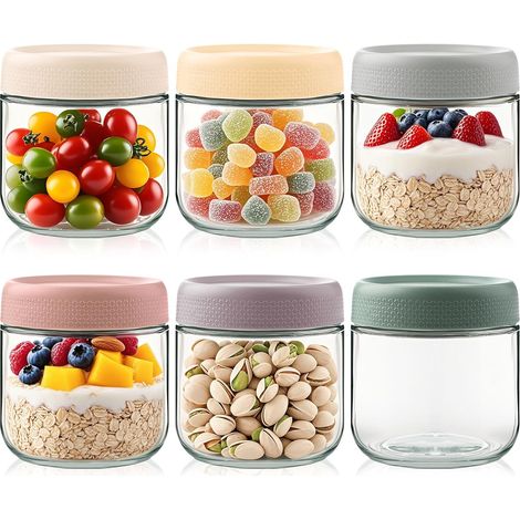 6 Pièces Overnight Oats Jar 350ml Bocaux en Verre avec Couvercles Réutilisables Verre à avoine pour la nuit Meal Prep Containers pour Yaourts Puddings Smoothie Salade (1/5)