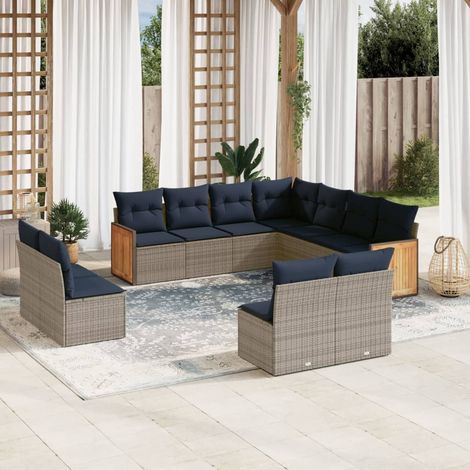 Ensemble salon de jardin modulable 11 pièces en résine tressée grise, coussins bleu marine - PANGIVO (1/5)