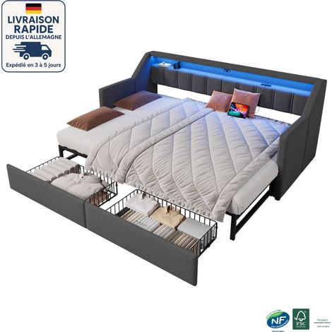Cama nido 90x180/200cm - sofá cama convertible - Escandinavo - Con puertos USB y Tipo C/mando a distancia, tira de luz LED, 2 cajones, bolsillos de almacenamiento - Gris (1/5)