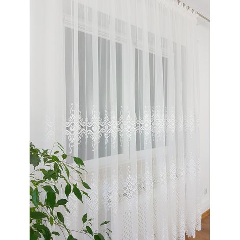 Tenda pronta all'uso 400x250 cm in bianco caldo con ricami e pizzo guipure (1/5)