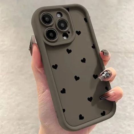 Coque de téléphone noire mate souple avec motif cœur, compatible avec iPhone 17 Air, 11, 12, 13, 14 Pro, 16E, 7, 8 Plus, 15, 16, 17 Pro Max et iPhone 14 Plus. (1/5)