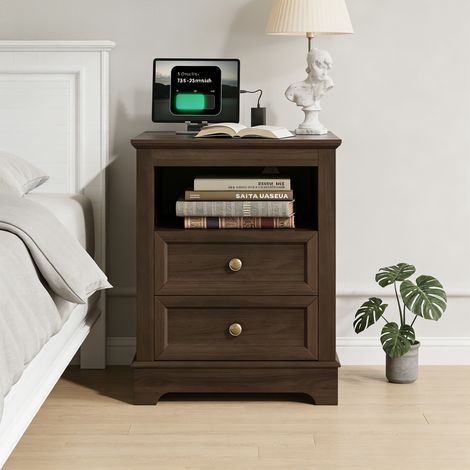 Table de Chevet avec Charge + Prise, Table d'Appoint Vintage 18 Pouces 2 Tiroirs, Table Côté Canapé Rustique avec Étagère Ouverte, Rangement pour Chambre ou Salon, en Panneau de particules, Espresso (1/5)