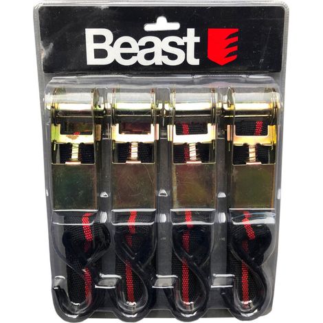 Assortiment de 4 Sangles d'Arrimage à Cliquet et Crochets 3 m x 25 mm 250 kg - Haute performance - Beast