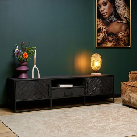Meuble TV bois noir 2 portes motif chevron ALVERA