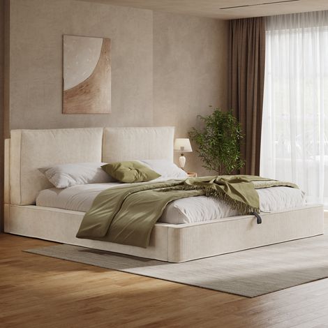 Lit coffre adulte 180x200 cm en velours côtelé beige, lit double hydraulique avec tête de lit 13 cm, rangement sous lit et sommier inclus