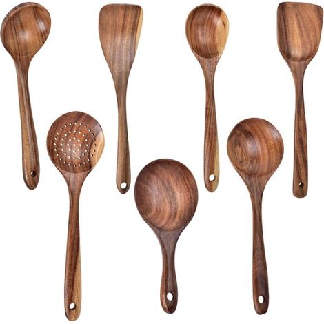 Set di 7 cucchiai da cucina in legno di teak, realizzati a mano, antiaderenti e resistenti al calore, con superficie liscia, set di cucchiai da cucina, utensili da cucina (1/5)