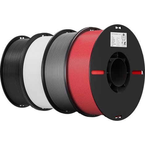 PLA 1,75 mm Pack de 4 Filaments pour Imprimante 3D, Anti-nœuds, Forte Adhérence et Excellente Tenue des Surplombs, Précision +/- 0,02 mm (Noir, Blanc, Gris, Rouge) (1/5)
