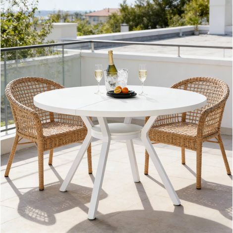 REDOM - Mesa de comedor ronde 119.4x119.4x75 cm, pour 4 à 6 personnes, structure stable en métal et bois, blanche (1/5)
