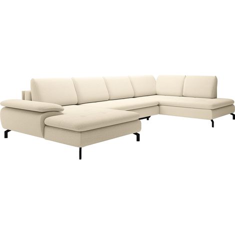 Grand canapé d'angle gauche panoramique convertible en tissu texturé beige ARCHIBALD (1/4)