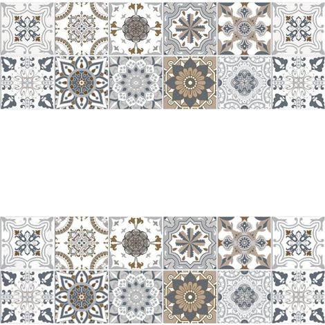 (Bleu-Gris, 10 cm x 10 cm x 24 pièces) Stickers muraux autocollants motif mandala, décoration murale en céramique PVC imperméable