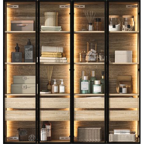 Meuble de salle de bain mural ou à poser, lot de 2, LED intégrée, 2 tiroirs, 2 portes en verre dépoli, 73 cm, rangement élégant, CHICFURN (1/5)