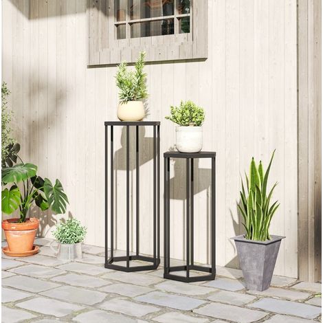 Lot de 2 supports pour plantes 31x27x75 cm et 28x25x60 cm noirs en métal avec structure hexagonale (1/3)