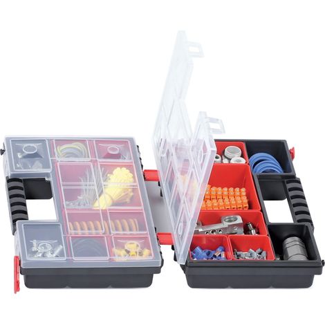 Caja de herramientas, Kistenberg, modelo NORB DUO 30 ROJO KNOS302010B, ideal para piezas pequeñas, con 8 compartimentos ajustables, tapa transparente y asa ergonómica (1/5)