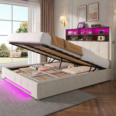 Lit coffre 160x200 cm avec tête de lit multifonction, en velours 6 niches, poches latérales, LED, USB-C et coffre hydraulique-Beige (1/5)