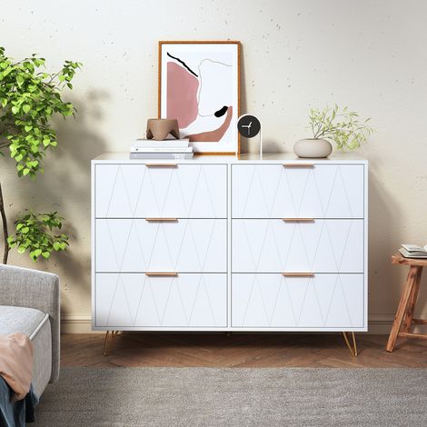 Sunfecili – Commode 6 tiroirs 100 x 34 x 72.5 cm – Bois massif blanc – Panneaux à motif diamant – Système anti-basculement – Pieds en métal doré (1/5)