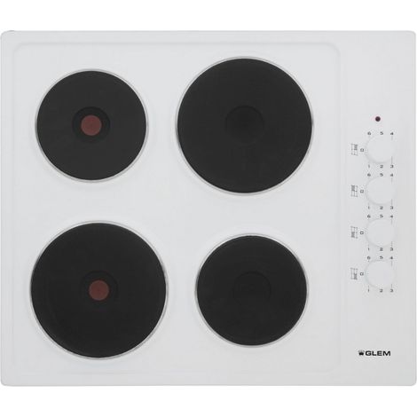 Glemgas – Plaque de cuisson électrique encastrable 60 cm – 4 zones émaillées blanches – 2 zones rapides 2000W et 1500W – Commandes mécaniques 6 niveaux