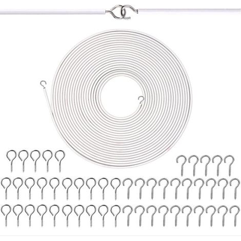 Cordon de rideau - Ressort de tension - Fil à linge - Cordon à linge de camping - Câble de rideau - Cordon de rideau de douche - Cordon de tirage - Avec 25 paires de vis - Blanc - Fil d'acier/plastiqu (1/5)