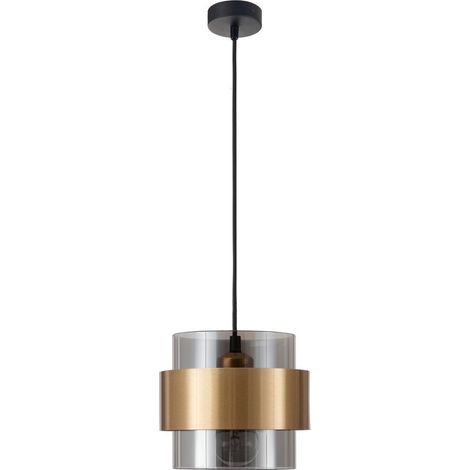 Merano Kelowna 18cm Suspension Cylindrique Plafonnier Verre Fumé Laiton Doré Métal LED E27