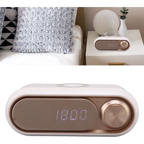 Horloge LED, réveil, radio FM, emplacement pour carte TF, enceinte Bluetooth multifonction avec chargeur sans fil, peinture aérosol blanche et dorée, 10 W. (1/5)