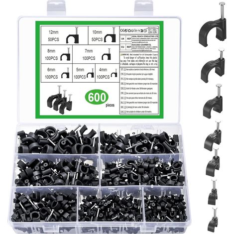 600 Pièces Clips de Câbles Ronds Noir, Clips de Fixation Cable Eelectrique Mur, Clips Câble avec Clous, Fixation Cavalier Cable Electrique pour Bureau Domicile, 4/5/6/7/8/10 /12 mm (1/5)