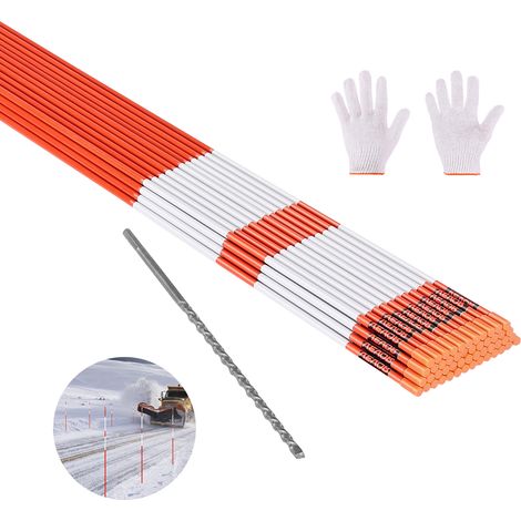 VEVOR Marqueurs deAllee Lot de 100 Piquets a Neige 10x1829 mm Fibre de Verre Reflecteurs Grande Visibilite Bande Reflechissante, avec Foret en Acier 30 cm, Gants de Protection, pour Parkings, Allees