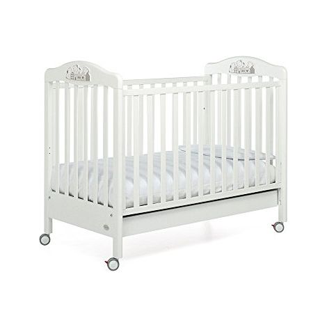 Foppapedretti Lettino con Sponda Regolabile Felicity, Legno di Faggio, Made in Italy, Rete a Doghe di Faggio, Ampio Cassetto, Regolabile a Doppia Altezza, 4 ruote, 131x73x108 cm, Bianco (1/4)