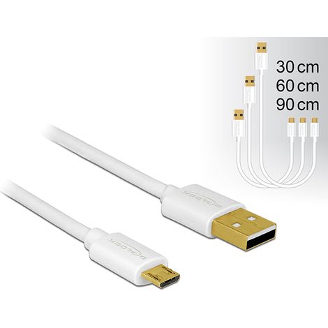 Delock Cable de datos y carga rápida USB 2.0 Tipo-A macho USB 2.0 Tipo Micro-B macho 3 piezas, conjunto blanco