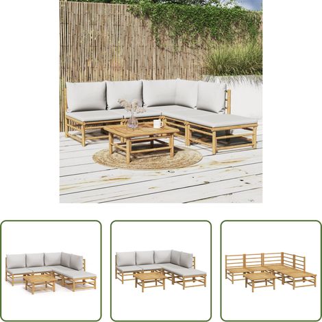 Bambusmöbel -  6-tlg. Garten-Lounge-Set mit Hellgrauen Kissen Bambus (1/5)