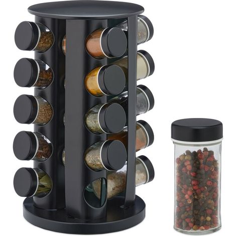 Tourniquet à épices avec 20 pots en verre, rotatif, embouts tamiseur, remplir, pour la cuisine, noir (1/4)