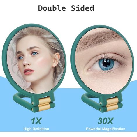 Miroir Grossissant x 30 Double Face Miroir Pliable avec Poignée, Miroir de Maquillage à Main de Coiffeurs Miroir Pliant pour Divers Détails(Vert) (1/4)