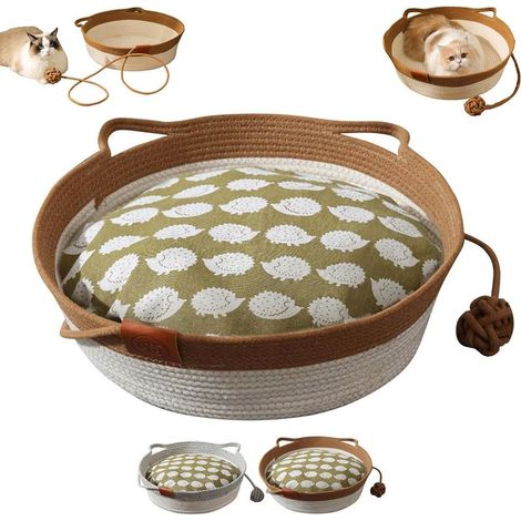 Panier pour chat en corde tissée avec jouet et tapis à griffer, adorable tapis saisonnier pour animal domestique, lit confortable en corde tricotée avec oreilles pour chat et chien (marron) (1/5)