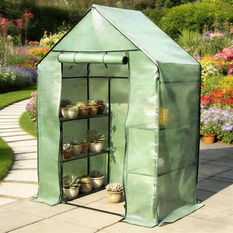 Invernadero de jardín con puerta con cremallera, verde, polietileno y acero, 143x215x195 cm