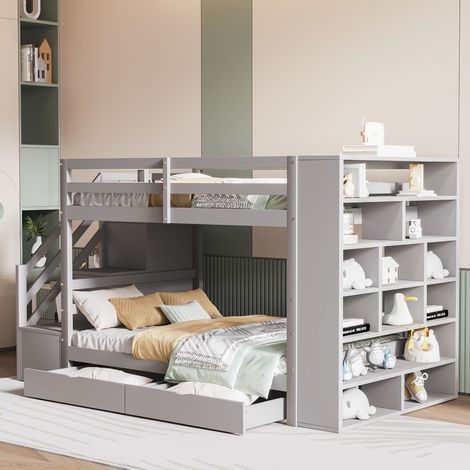 Modernluxe – Lit superposé 90x200 cm en bois de pin – 2 tiroirs de rangement – Escaliers de sécurité avec compartiments – Finition grise moderne