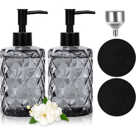 Dispenser di sapone nero, con pompa, a forma di diamante, flacone trasparente, confezione da 2, 7,5 x 17,6 cm, 30 ml (1/5)