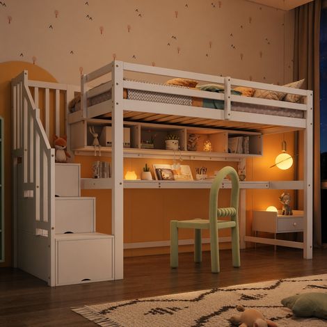 Cama alta infantil 252x95x165 cm con escalera de almacenaje, escritorio integrado, madera maciza y MDF, blanca (1/5)