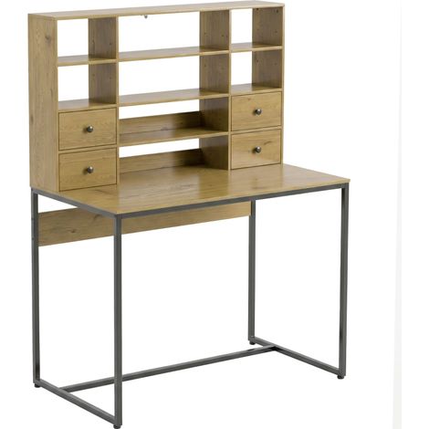 Escritorio de computadora con 4 cajones y estantes, escritorio de 105 cm, madera natural (1/5)