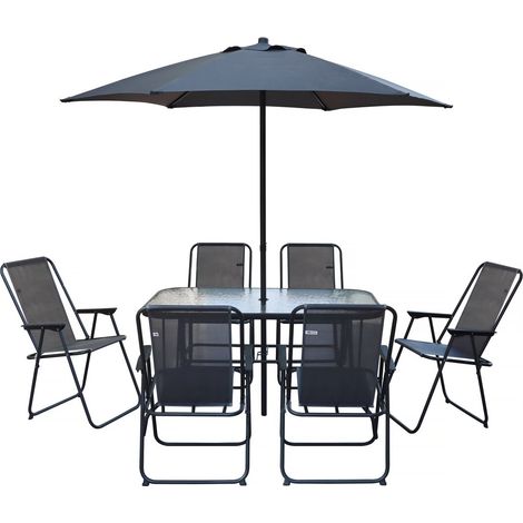 Table et chaises de jardin avec parasol en métal "Convivia" - 6 places - Gris anthracite