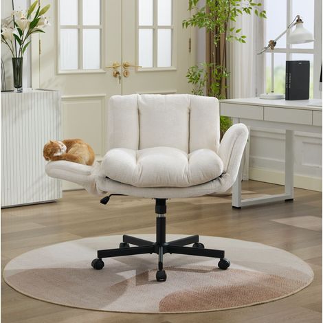 Silla de oficina de chenilla beige, giratoria 360°, altura regulable, reposabrazos convertibles multiposicion, 57,5×60×92,5 cm (1/5)
