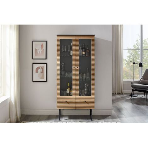 Vitrine 2 Portes en Placage Chêne Véritable et Métal Noir, Style Scandinave Moderne - PANGIVO (1/5)